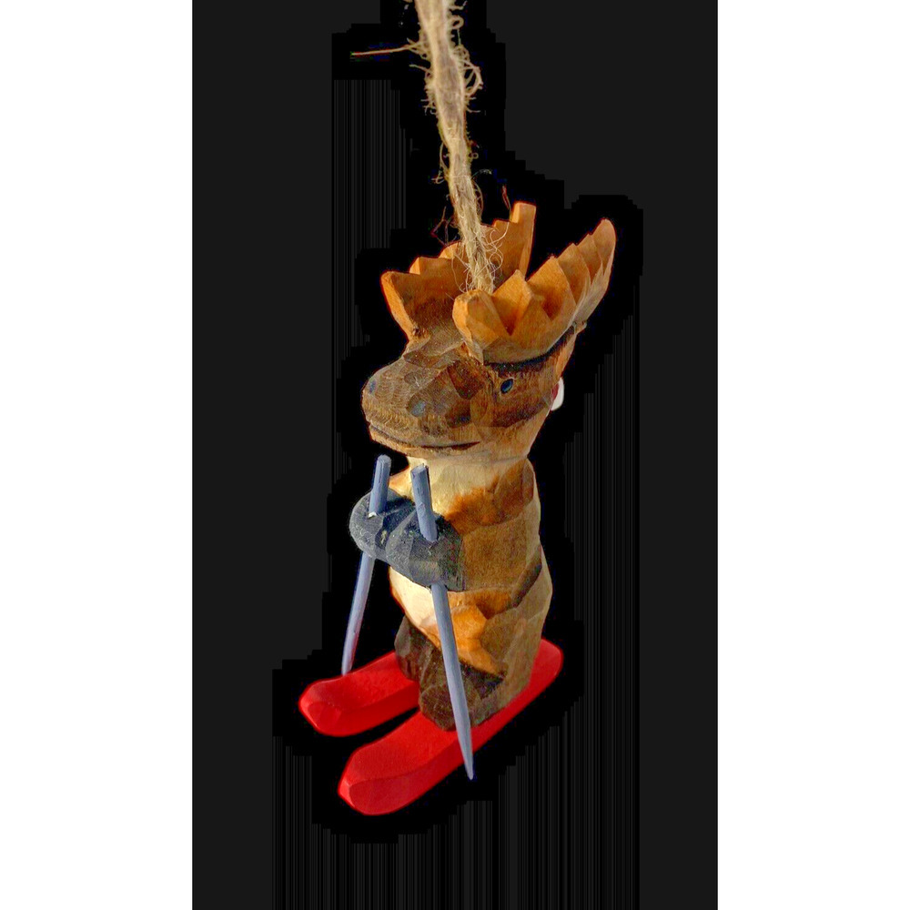 Moose on Skis Christmas Ornament Wood Folk Art Lodge Camp Cabin Maine Skiing NEW